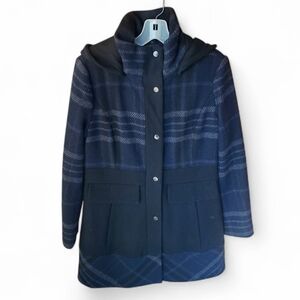 Guess Los Angeles Navy Plaid Black Wool Coat Medium M